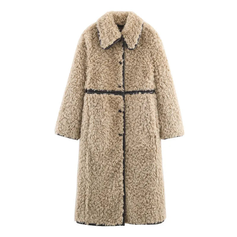 Women's fleece long overcoat in khaki with spandex blend, front view, sizes XS to L