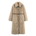 Women's fleece long overcoat in khaki with spandex blend, front view, sizes XS to L