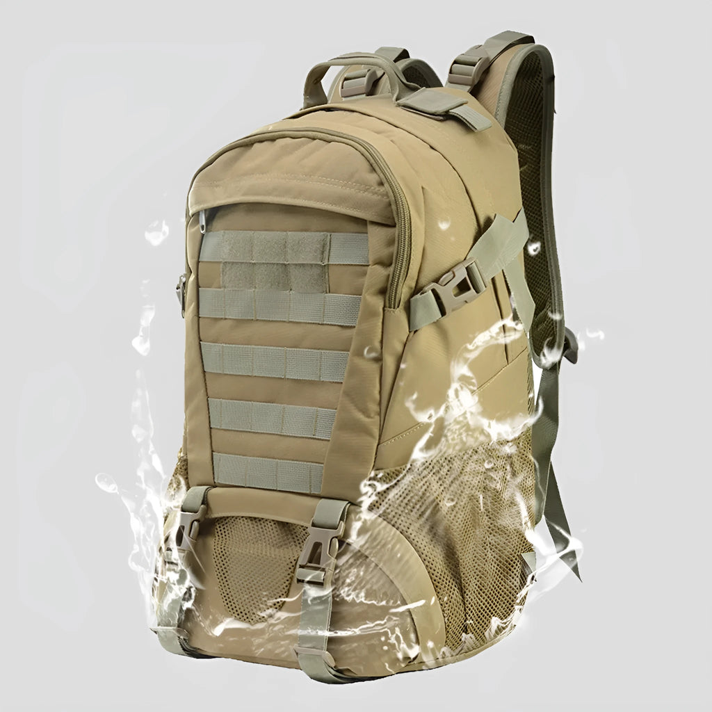 Green camouflage Oxford cloth mountaineering backpack with black straps and air pillow belt, shown from the side.