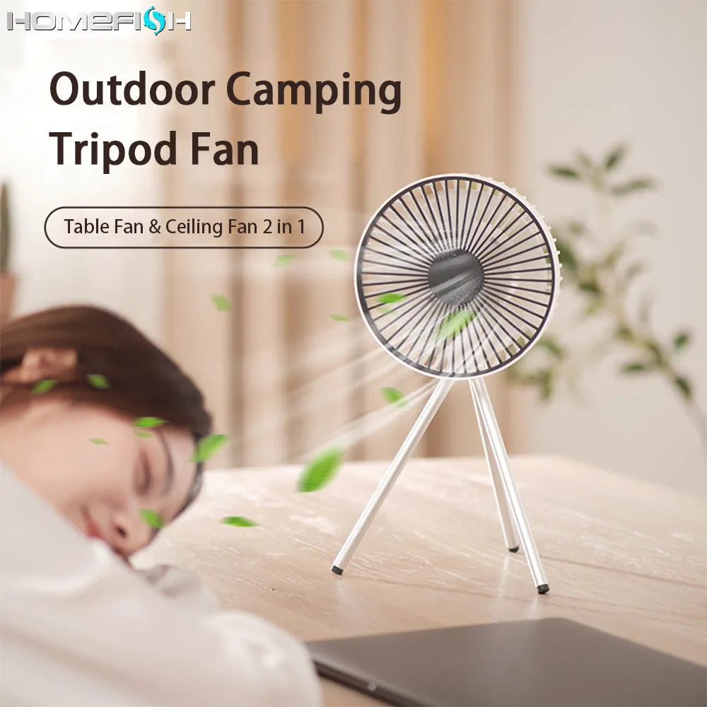 White tripod camping fan on a desk, with USB cable and adjustable speed dial