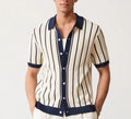 Men's white asymmetric short sleeve knit top with a lapel neckline on a mannequin.