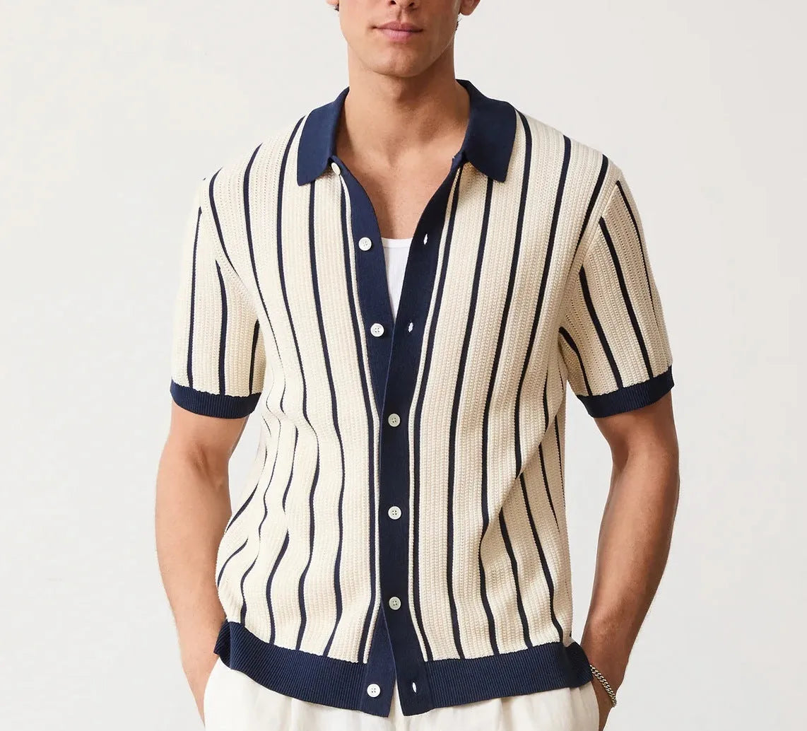 Men's white asymmetric short sleeve knit top with a lapel neckline on a mannequin.