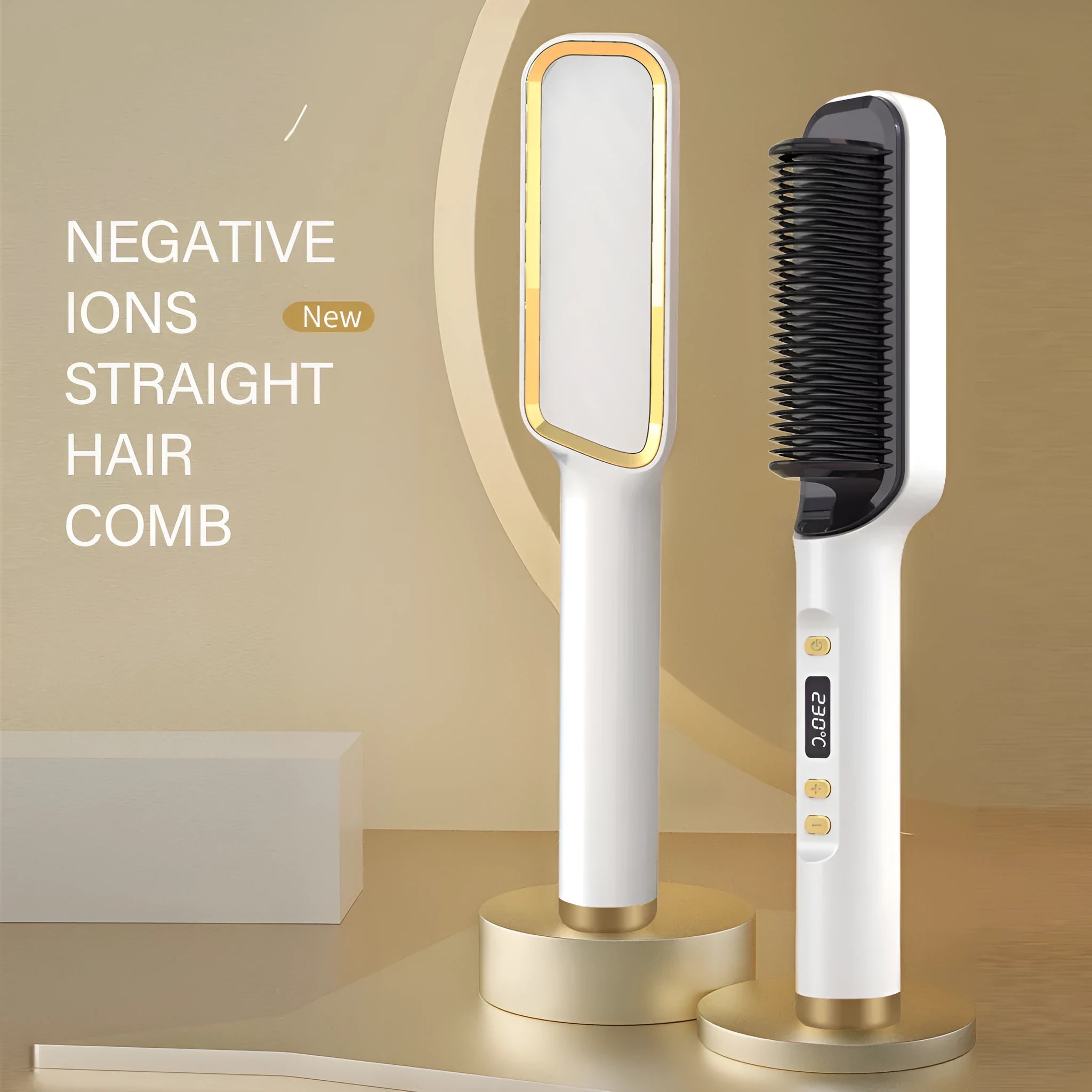 Professional hair straightener brush with tourmaline ceramic heat conductor, 16 gears, and anti-scalding design in gold and white.