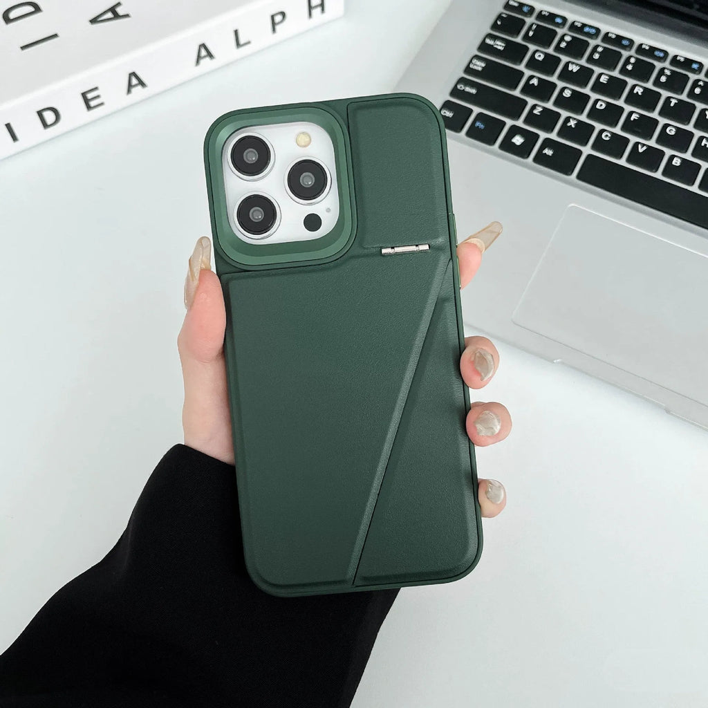 Leather hidden bracket phone case in black for Apple iPhone, featuring magnetic suction and shockproof design.