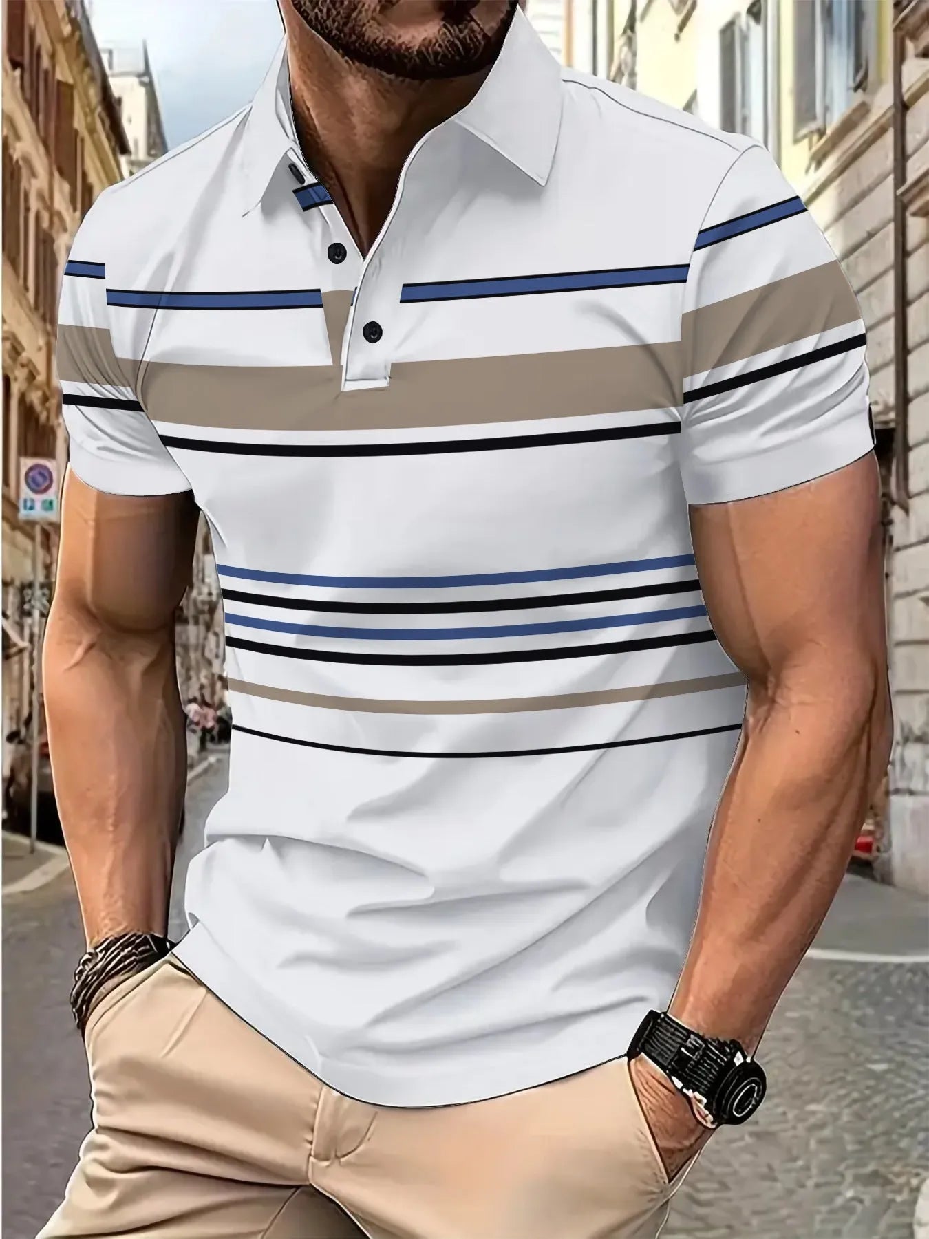 White men's striped short sleeve T-shirt with loose fit design for summer casual wear