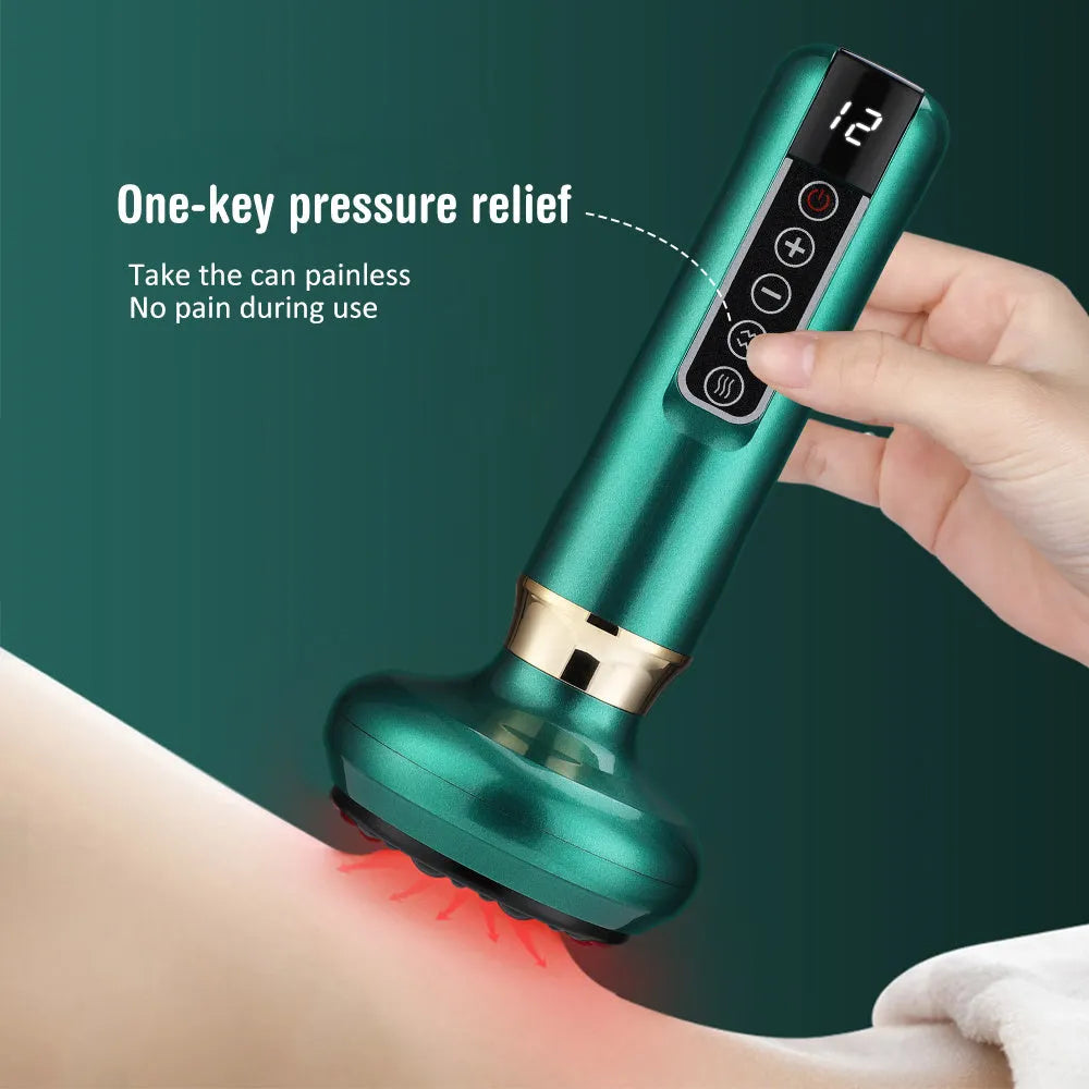 Green electric vacuum cupping massager with USB charger on a white background.