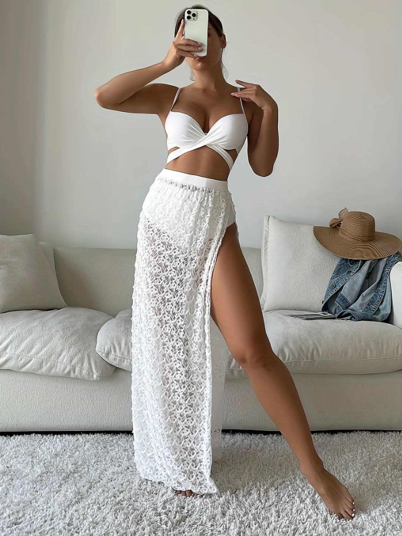White three-piece swimsuit set with sleeveless top, briefs, and gathered long skirt for swimming sports