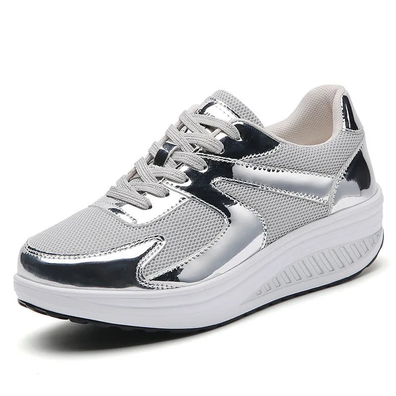 Women's gold mesh platform trainers with cross strap and mid heel