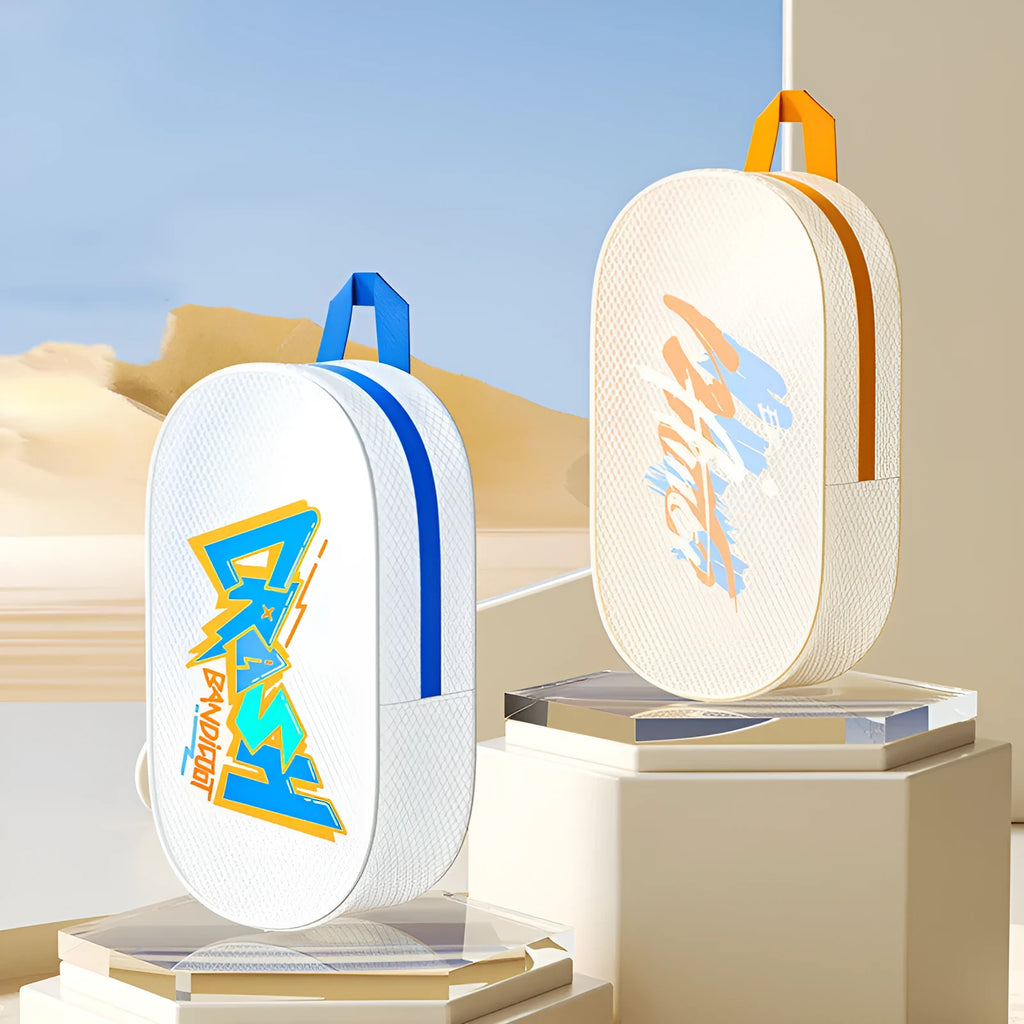 Waterproof EVA swimming storage bag shown in orange, available in 3-litre and 7-litre sizes.