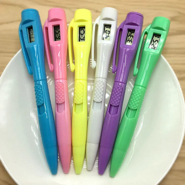 Electronic watch test ballpoint pen with plastic shell in a colour option, on a plain background