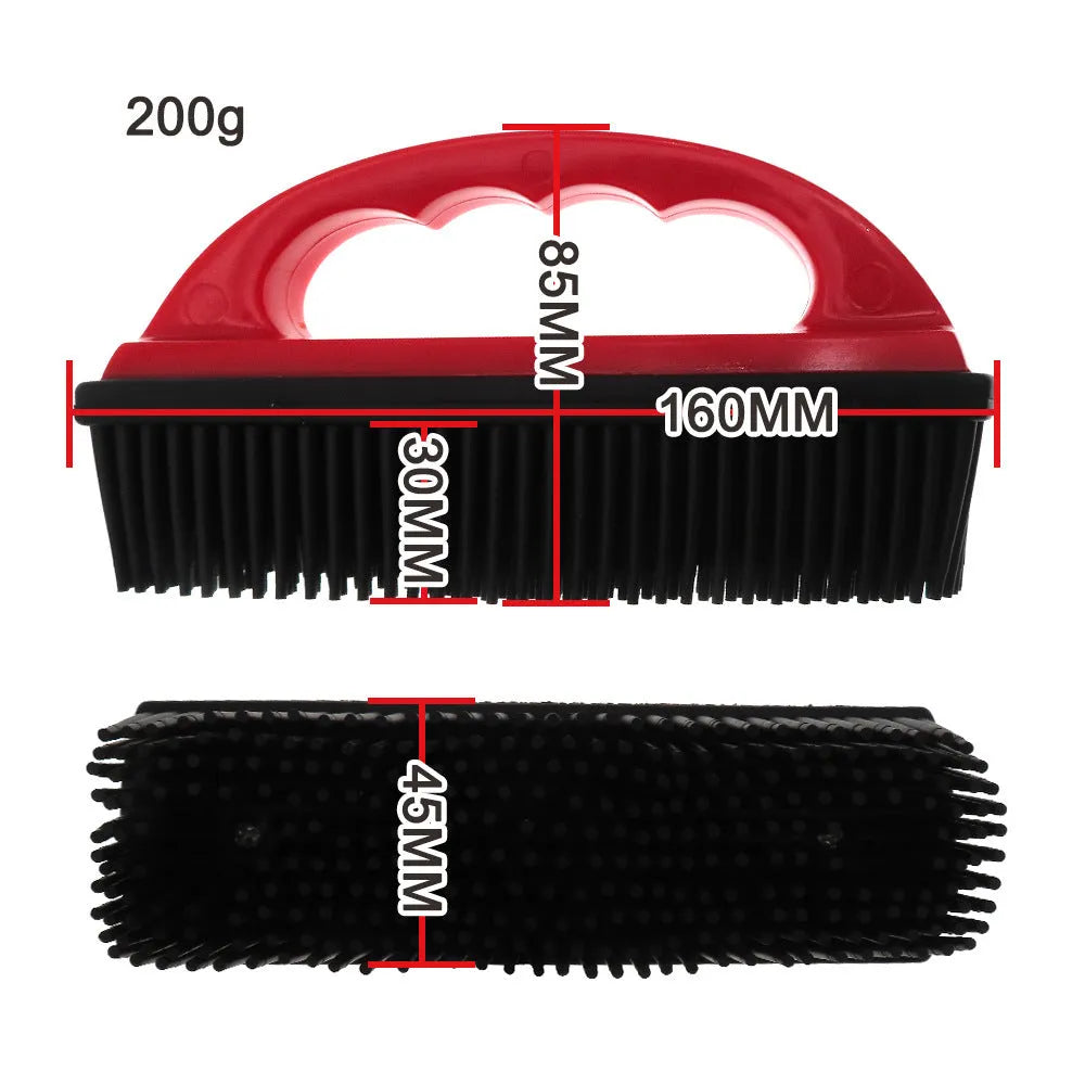 Red handheld pet hair removal brush for grooming and carpet cleaning, shown at 160mm by 85mm size.