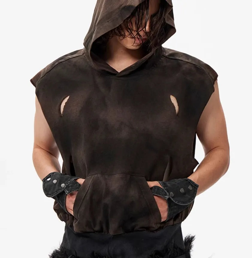 Khaki coloured short-sleeved cotton hood vest for youth, shown on a hanger.