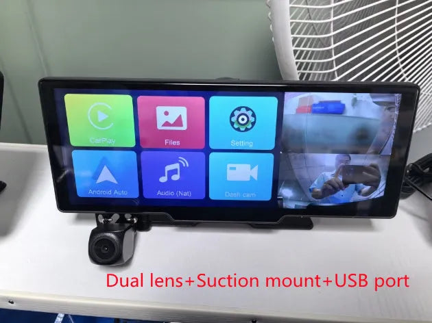 Black 10.26-inch touch screen car navigation and dual lens dash cam mounted on a windscreen.