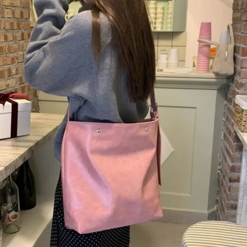 Corduroy one-shoulder commuter bag in pink or brown with PU lining, 39cm length