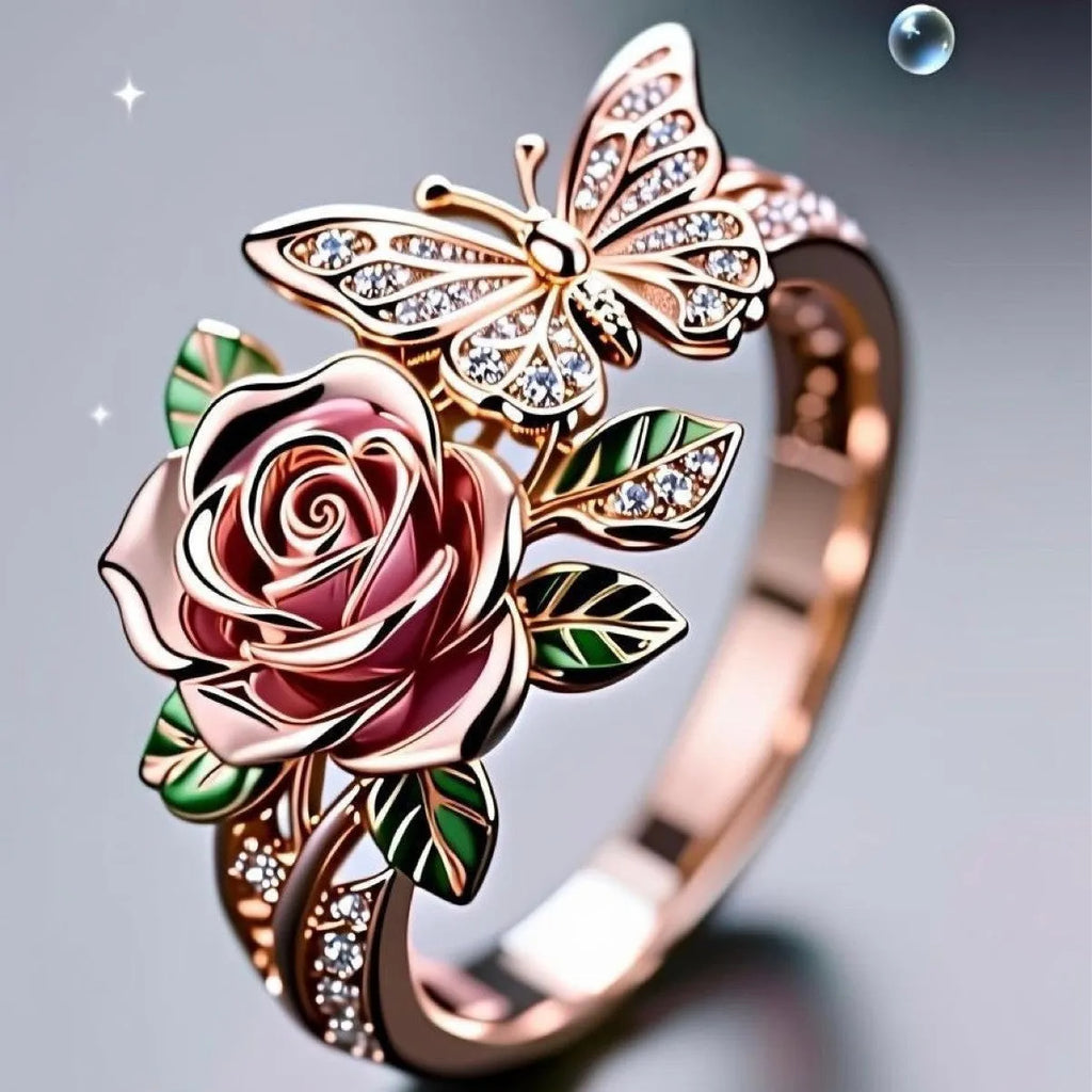 Adjustable fairy style ring with oil drip colour effect and butterfly charm