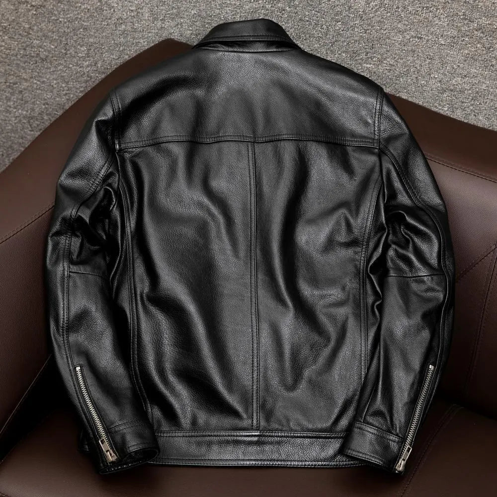 Men's plus size lapel leather jacket in black or brown with side pockets