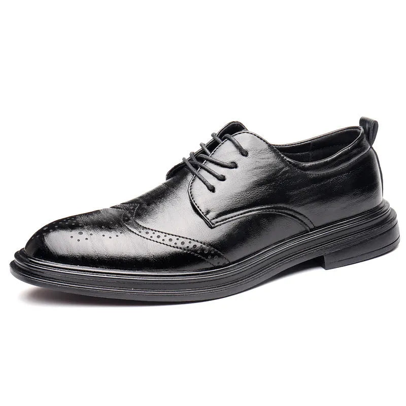 Men's anti-slip dress shoes with embossed grid pattern, round toe, and square heel in black