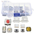 Box containing 250 silver SMT tactile push button switches for surface mount soldering onto circuit boards.