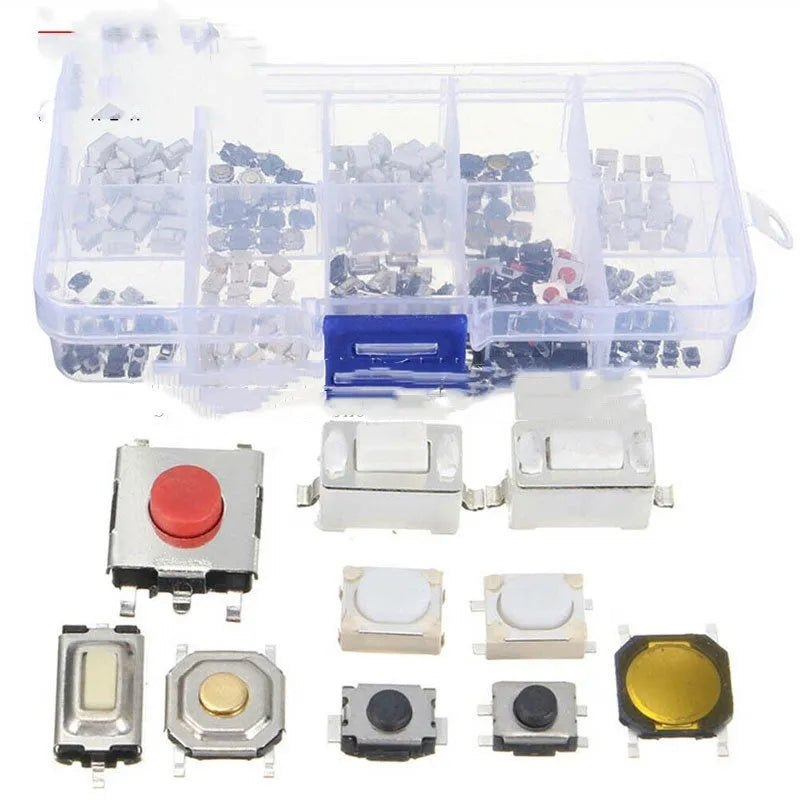 Box containing 250 silver SMT tactile push button switches for surface mount soldering onto circuit boards.