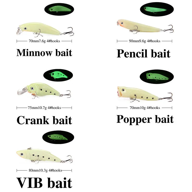 Set of five 3D fluorescent submerged luminous hard bait fishing lures in various colours.