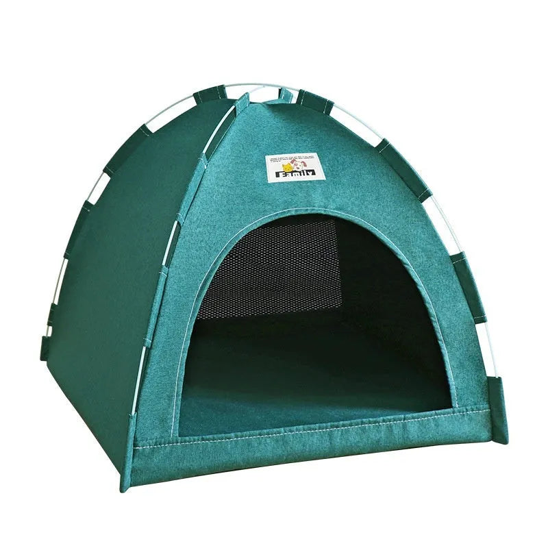 Grey removable washable pet tent bed for cats and small dogs on a wooden floor.