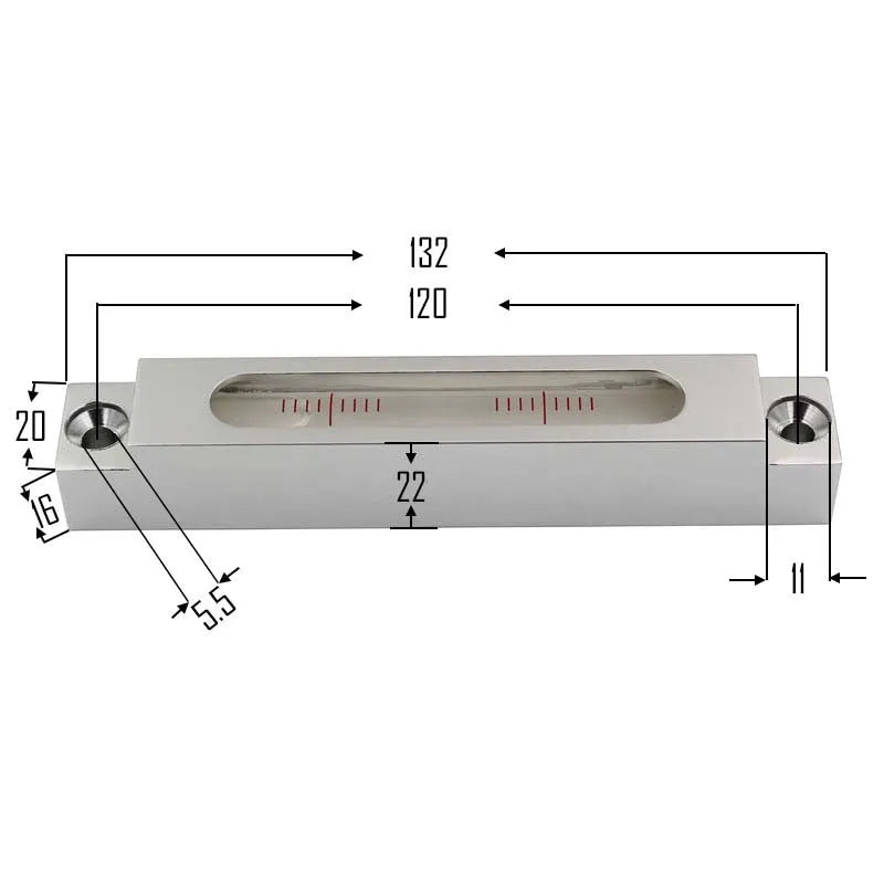 Small metal and glass mini strip spirit level with bubble vial.