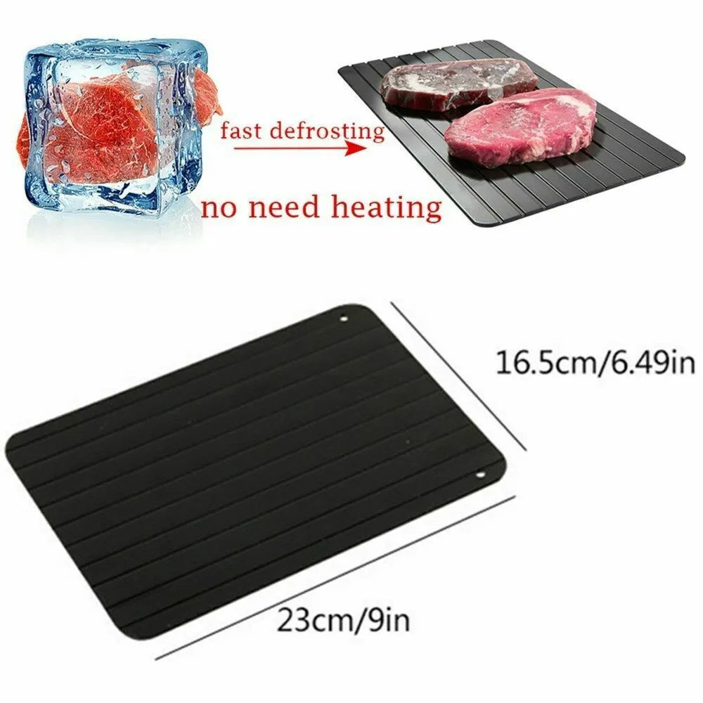 Black rectangular aluminium fast defrost tray for thawing frozen meat and fish