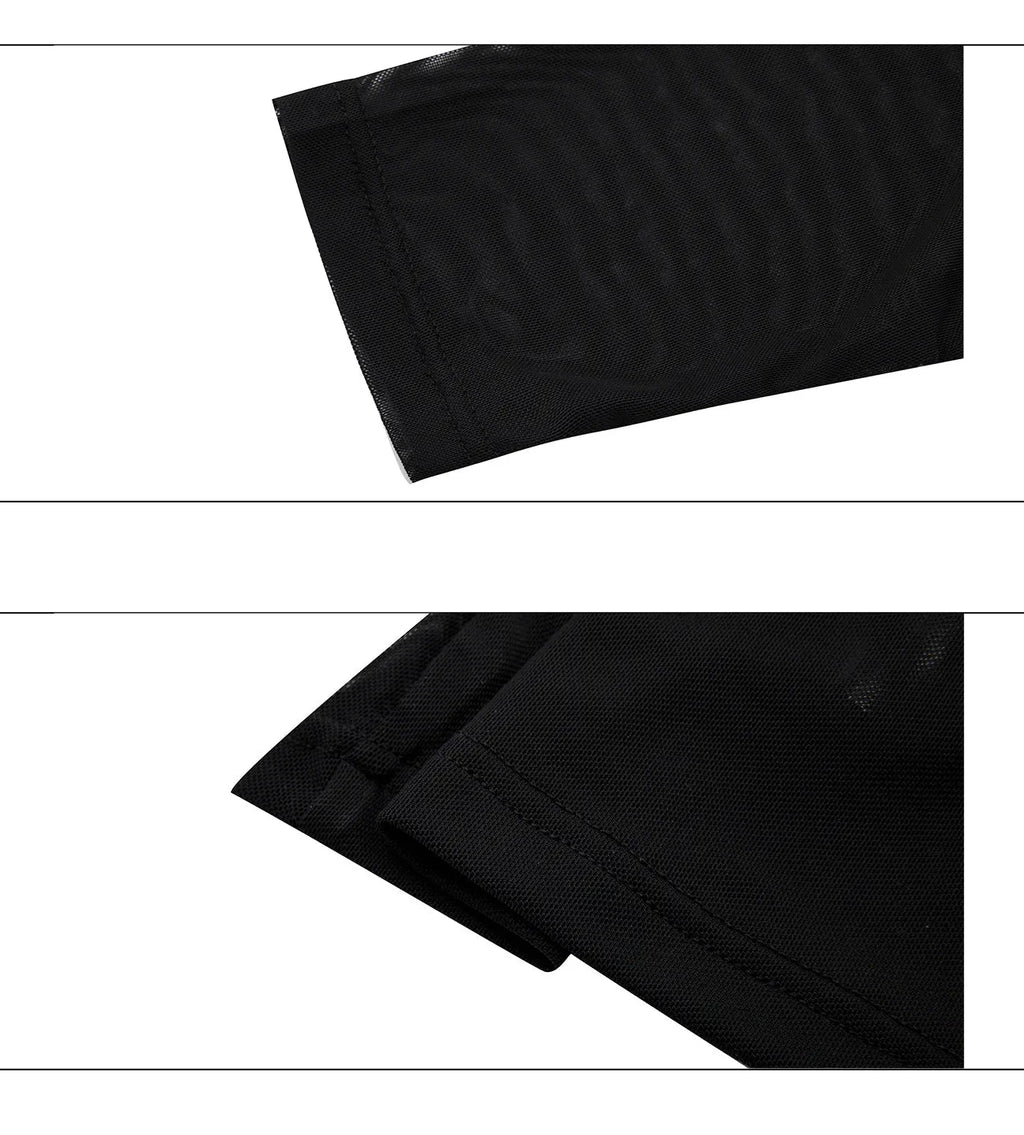 Niche mesh slim long sleeve bottoming shirt in black or white on a size chart