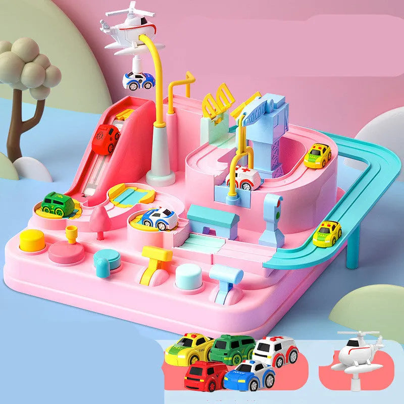 Big adventure parking lot rail car track toy set with plastic cars and handle control