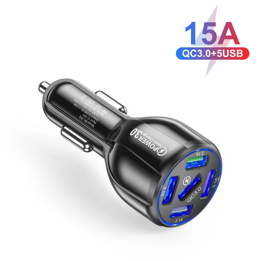 5-port QC3.0 15A USB car charger in black with five USB ports and fast charge label