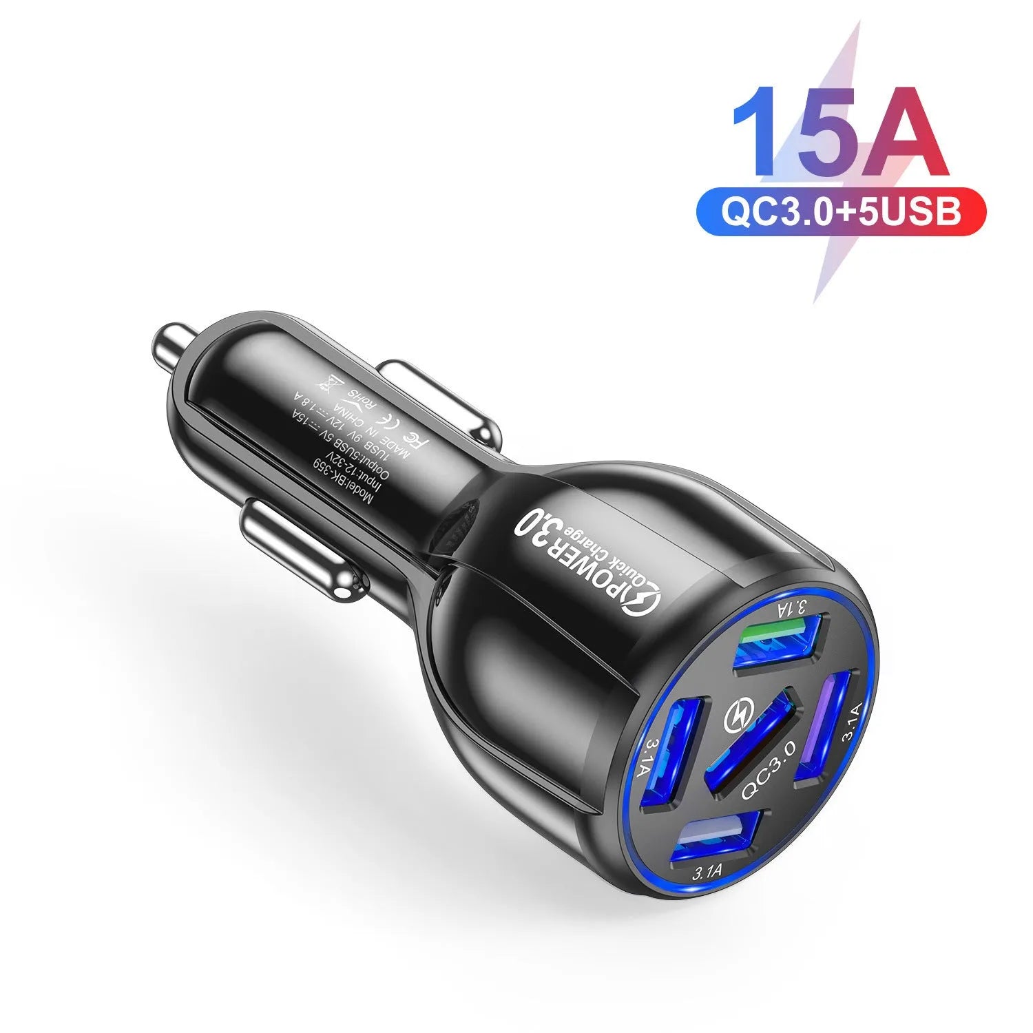 5-port QC3.0 15A USB car charger in black with five USB ports and fast charge label