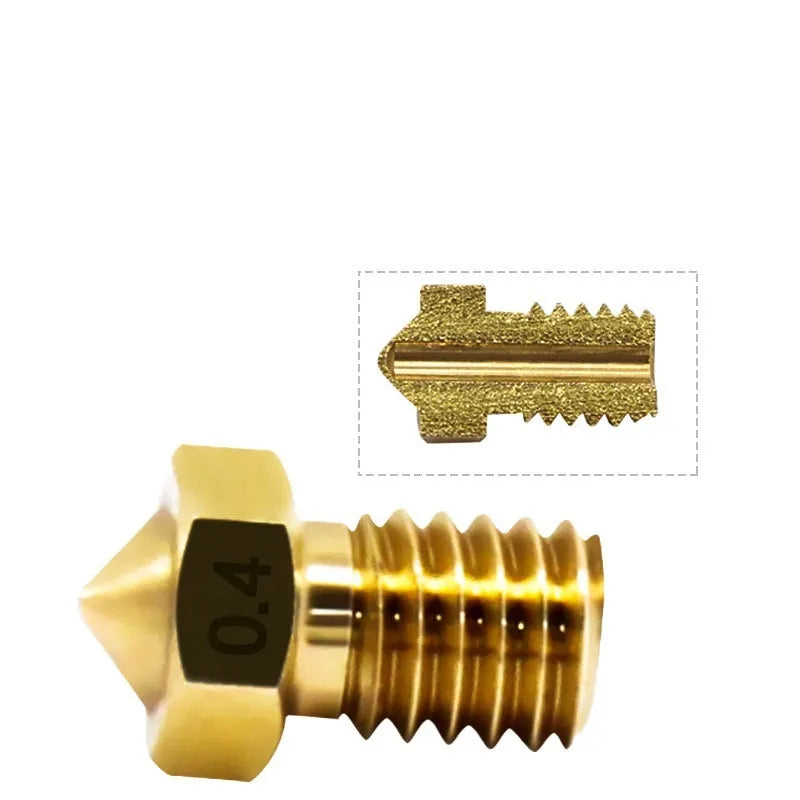 Brass 3D printer nozzle with M6 thread, showing multiple aperture size options.