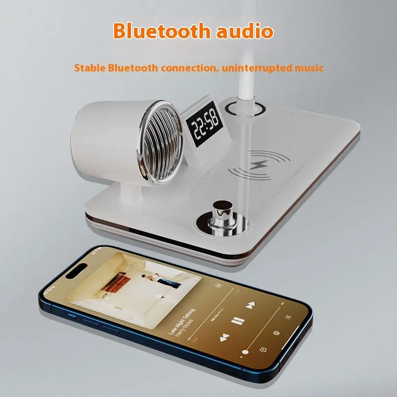 Intelligent wireless charging desk lamp with digital clock display in white colour option
