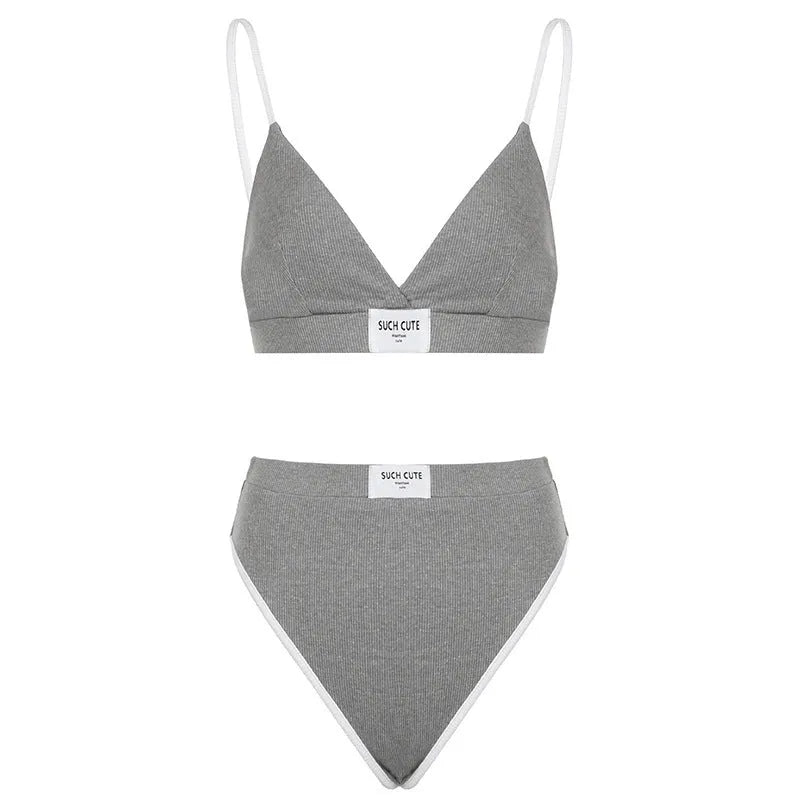 Women's grey embroidery contrast binding bikini set with sleeveless top and shorts-length pants