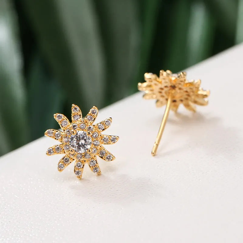 SUNFLOWER advanced ear studs in gold white and platinum white with zircon mosaic on copper base