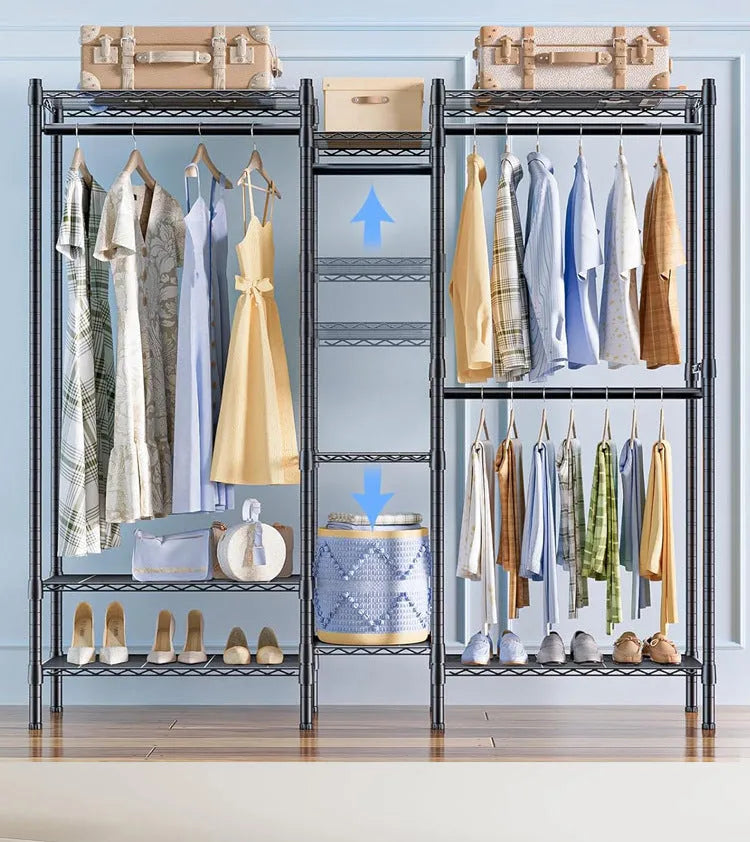 Black metal floor-standing storage rack for clothing organisation.