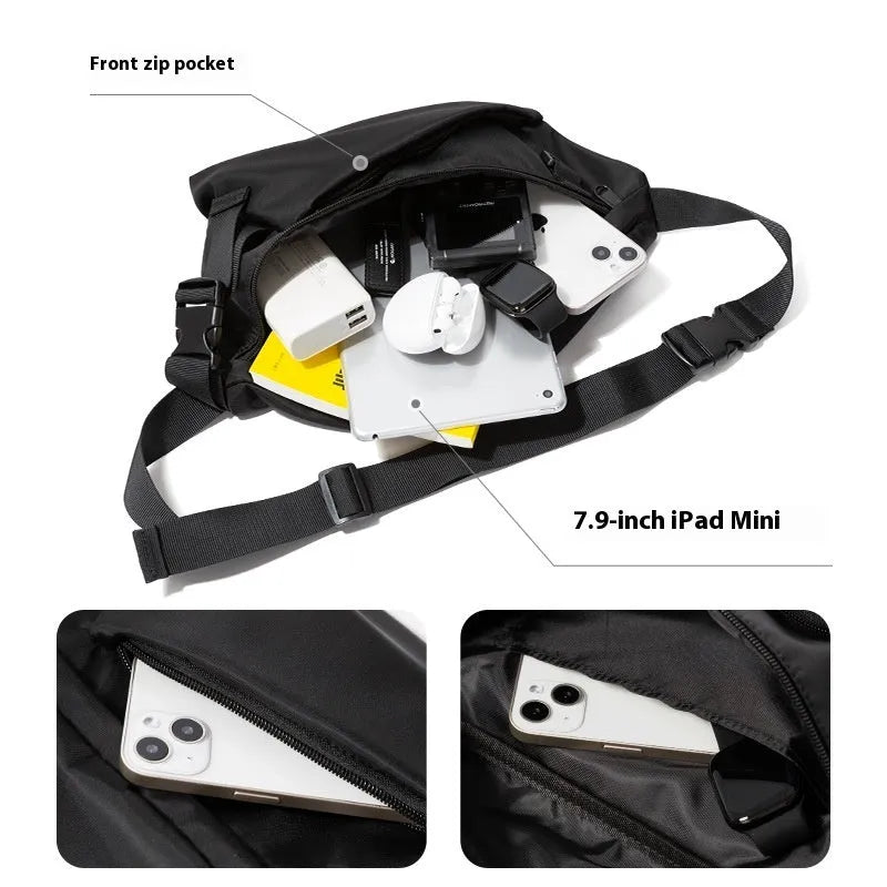 Black men's slanted chest bag made from Oxford fabric with sewing line details