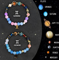 Two adjustable natural stone bead bracelets on a wrist, showing brass slide clasp and 8mm zodiac charm.