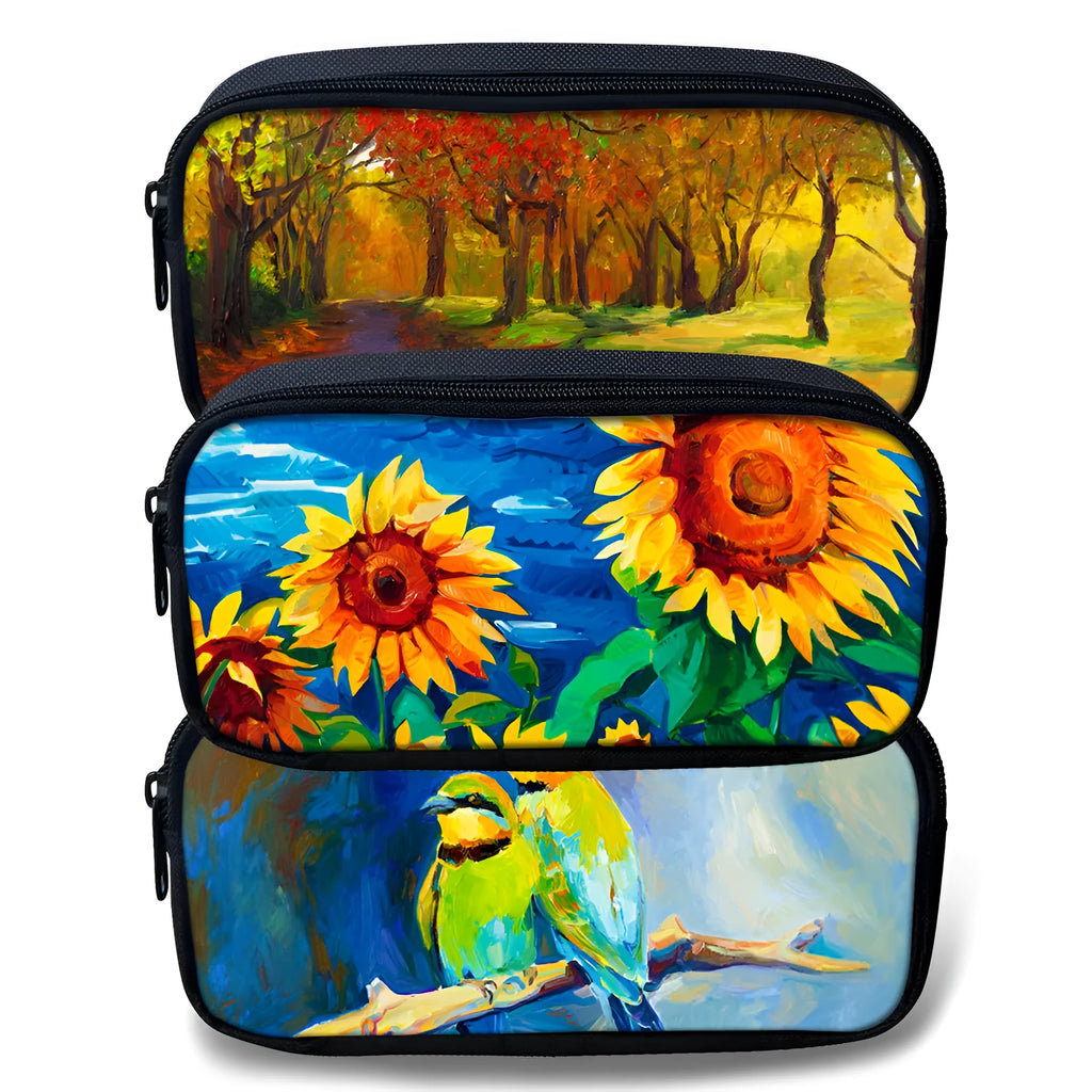 Customised pattern polyester pencil case with large opening and zipper, dimensions 10 by 21 by 4 cm