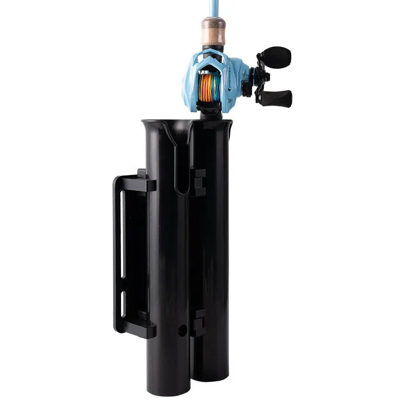 Carbon plastic fishing rod rack mounted on a bicycle frame for transporting fishing gear.