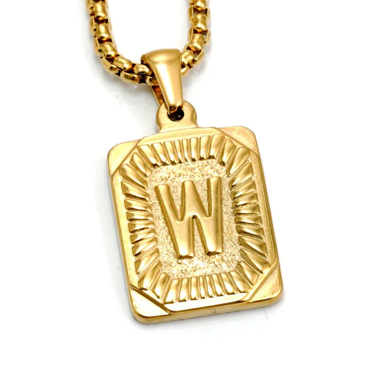 Gold-plated 18K titanium steel letter pendant necklace on a pearl chain, unisex design, gold colour