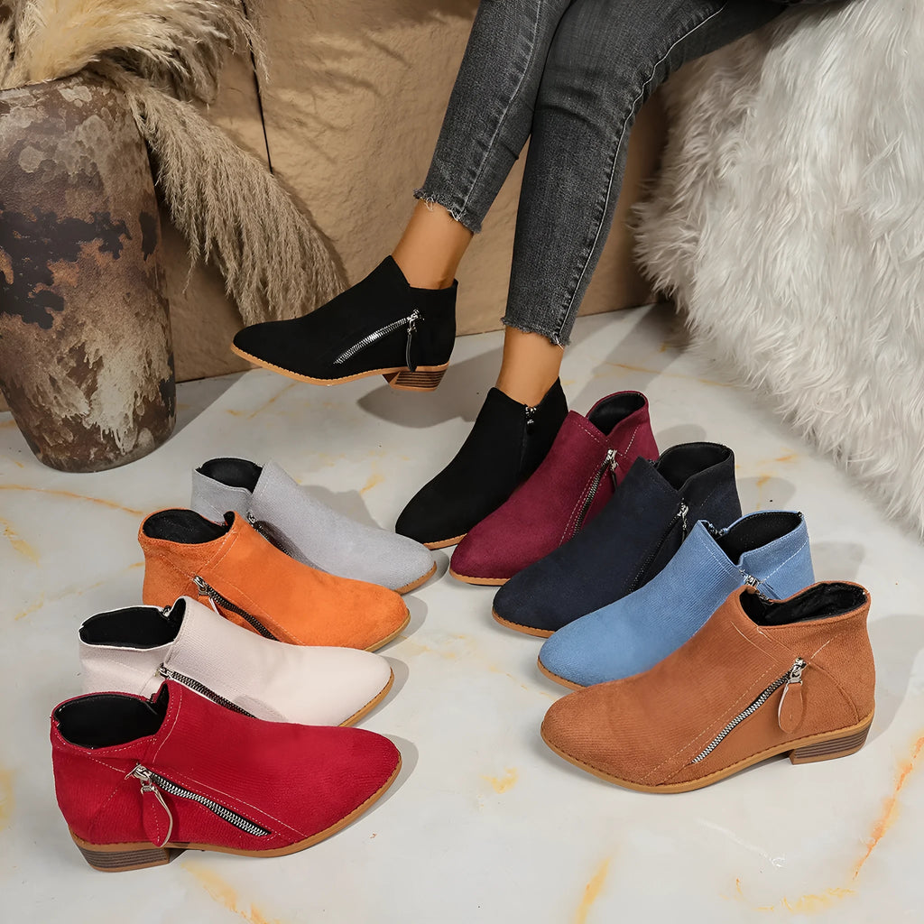 Suede women's ankle boots with side zipper, pointed toe, rubber sole, in black, brown, grey, red, beige, orange, dark blue, sky blue, purplish red.