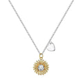 Close-up of a women's adjustable sunflower necklace in 925 silver with a geometric daisy petal pendant.