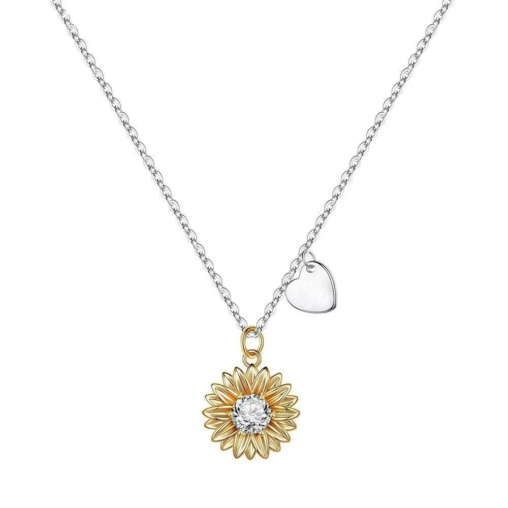 925 silver sunflower necklace with daisy petals on an adjustable chain, shown at various lengths.
