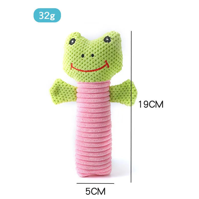Squeaky stuffed animal dog chew toy in calves, frogs or puppies design, 19cm length