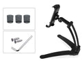 Silver aluminium alloy tablet stand with adjustable black clips holding a tablet, showing 360-degree rotation on a wooden desk.