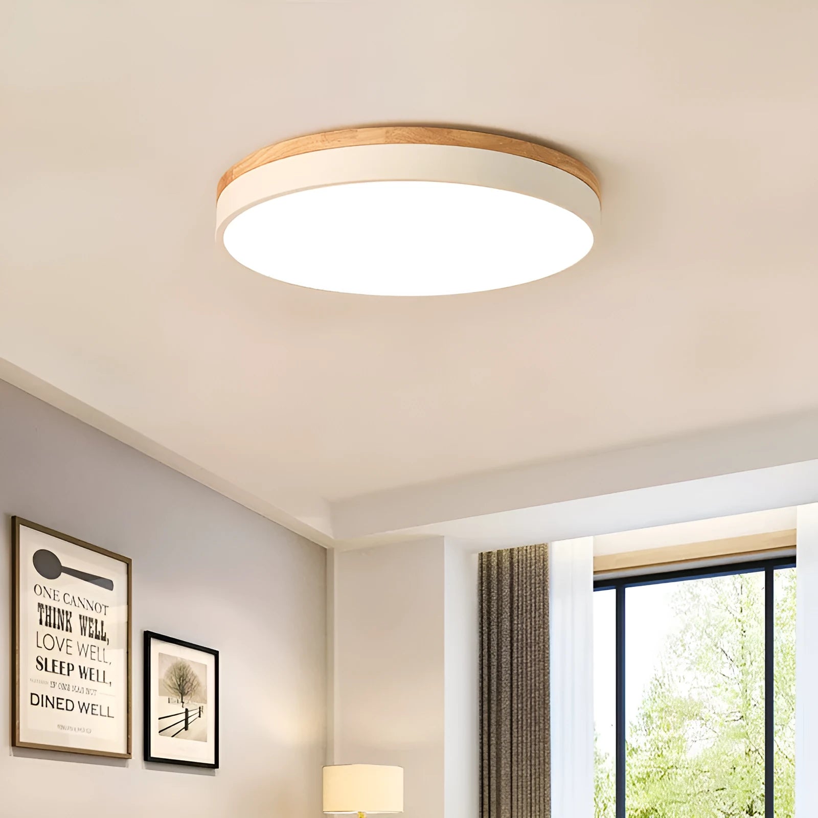 Round solid wood and iron LED ceiling lamp in a Nordic design, shown in a white finish.