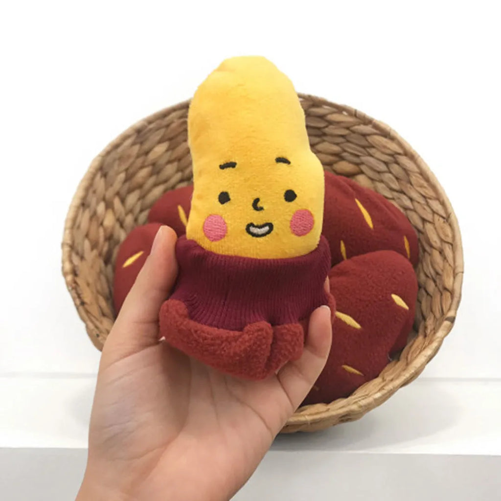 Red sweet potato pet puzzle toy with removable inner piece and hidden treat pocket for dogs and cats