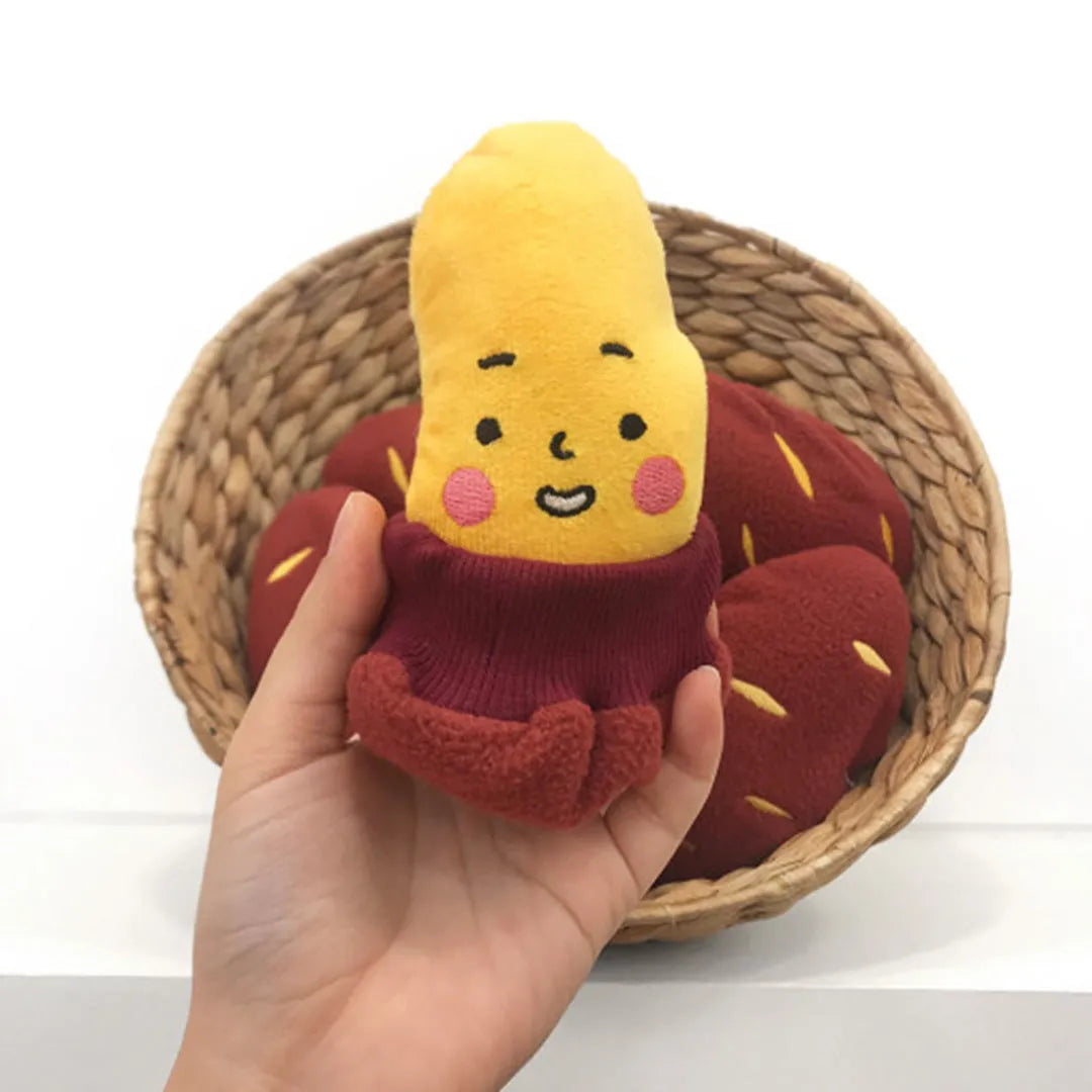 Red sweet potato pet puzzle toy with removable inner piece and hidden treat pocket for dogs and cats