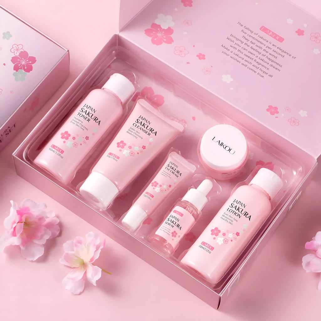 Cherry blossom skincare 6-piece set including cleansing foam, toner, emulsion, eye cream, essence cream and cream